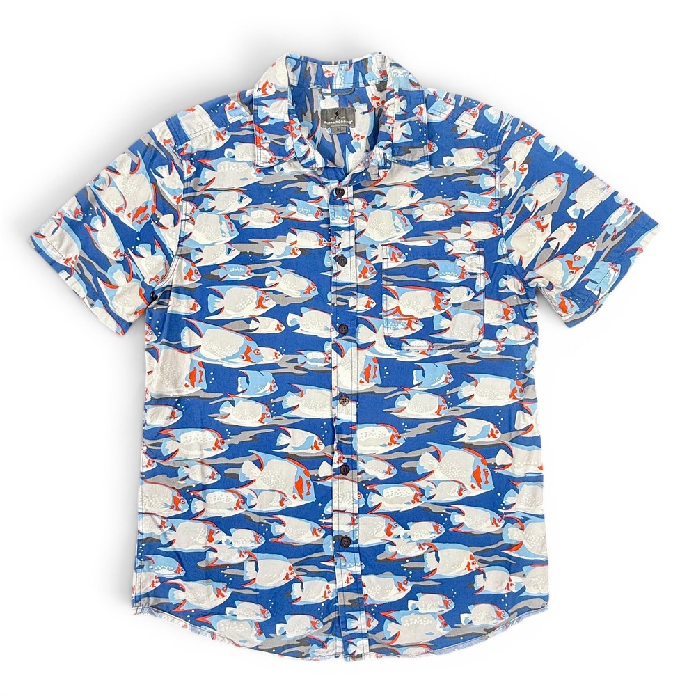 Royal Robbins Mens Throwback Fish Button Shirt M Blue Tropical Outdoor Gorpcore